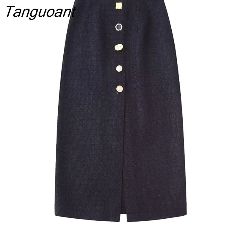 Tanguoant Women Fashion Solid Front Button Slit Midi Skirt Vintage Back Zipper High Waist Female Chic Lady Skirts Mujer Outfits