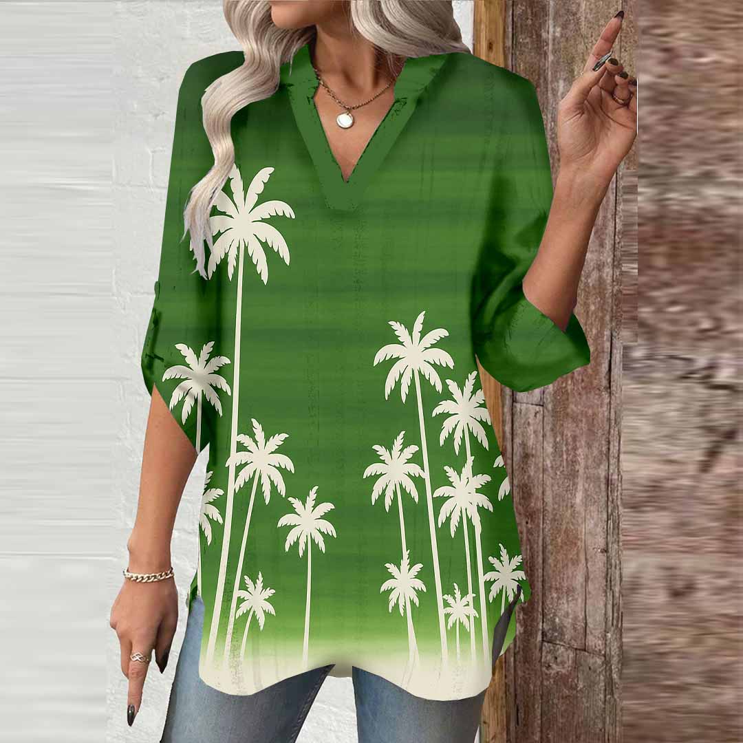 Women Tropical,Green DZGA0268 3/4 Sleeve V-neck Printed Graphic Button Tops