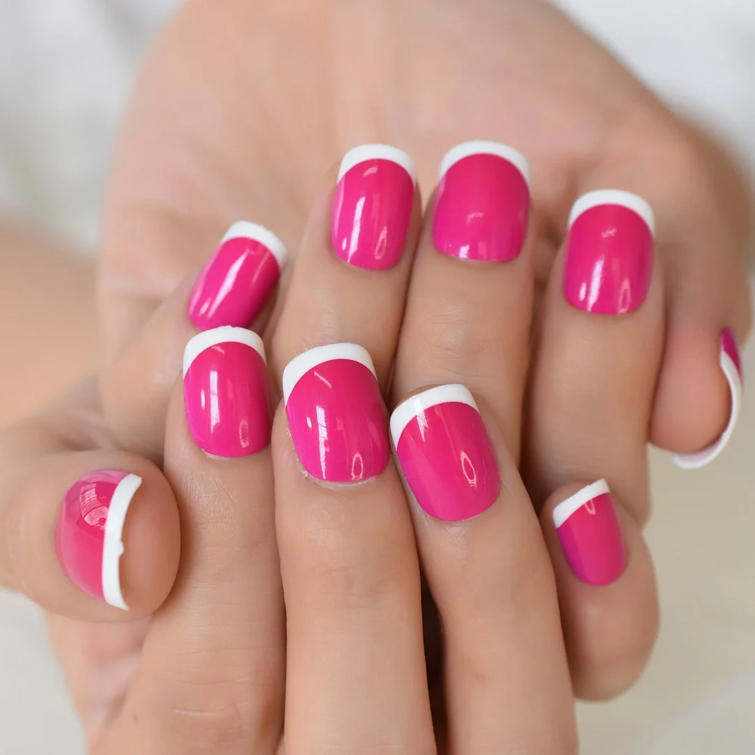 Gorgerous Fashion French Nail Rose Red White Tip Round Faux Ongles Short Lady Artificial Nail Art Tips for Daily Wear 24