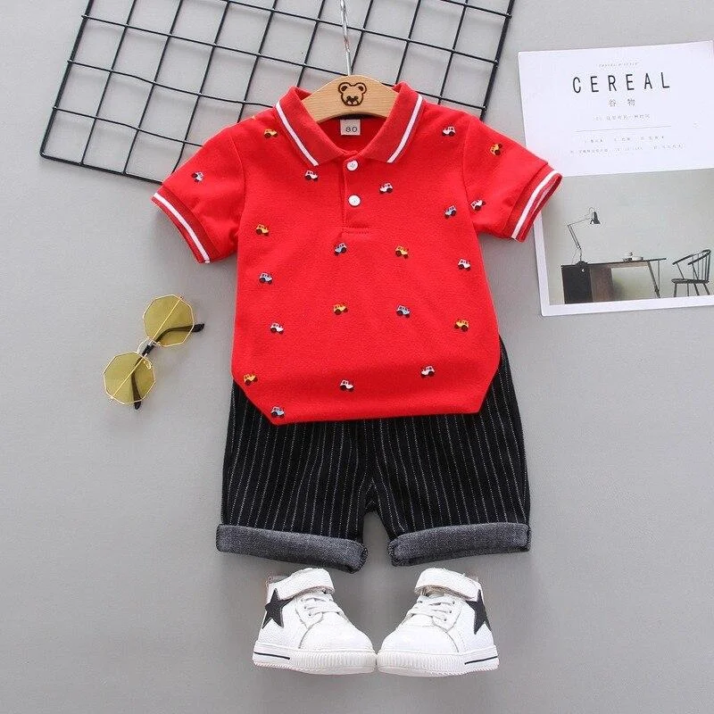 Toddler Clothes for 1 2 3 4 Y Boys Summer Short-sleeved Suit Printed T-shirt + Black Striped Breechcloth 2 Pcs Children Outfits