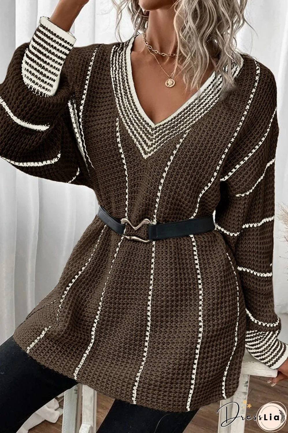 Striped V-Neck Dropped Shoulder Sweater