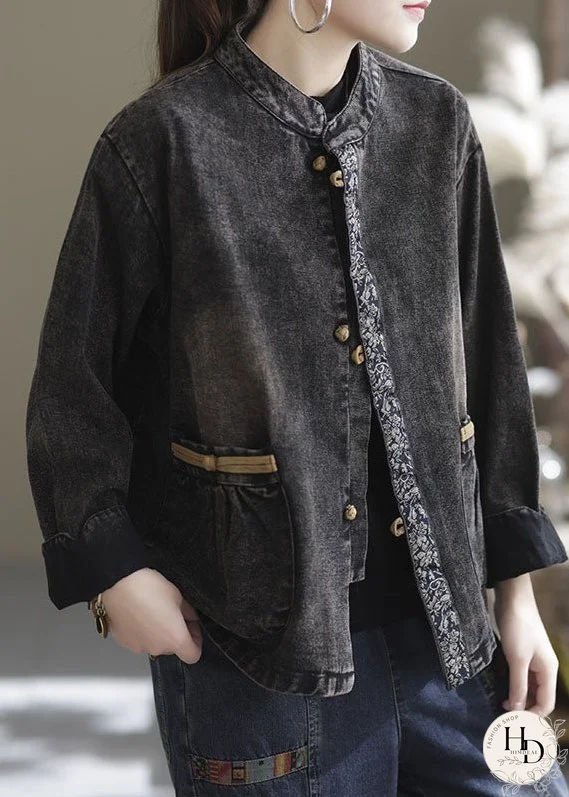 Plus Size Black Oversized Pockets Patchwork Cotton Denim Coats Fall