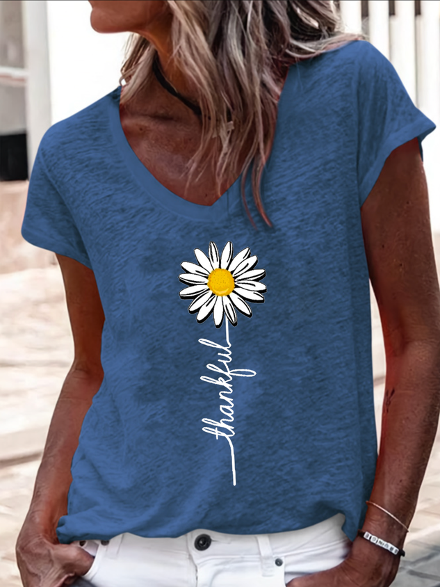 Women's Thankful Daisy V Neck Regular Fit Cotton-Blend Casual T-Shirt socialshop
