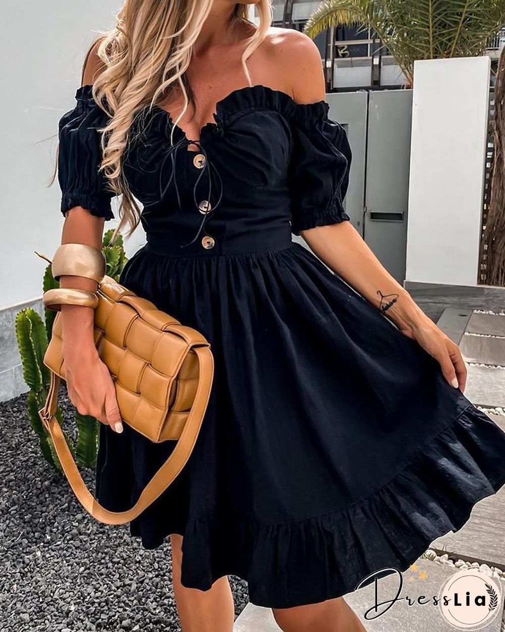 Off Shoulder Button Design Frill Hem Dress P13574