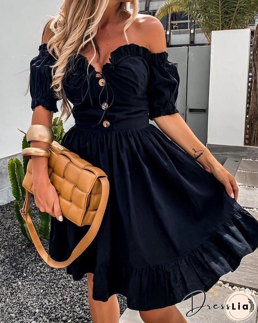 Off Shoulder Button Design Frill Hem Dress P13574