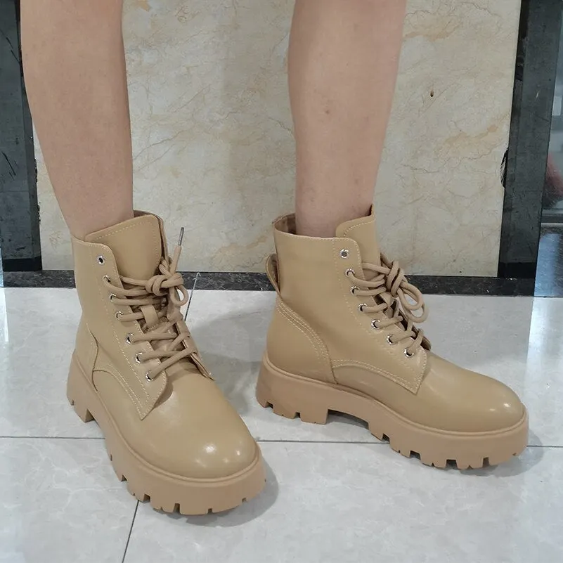 Meotina Women Genuine Leather Motorcycle Boots Round Toe Lace Up Shoes Thick Med Heel Ladies Ankle Boots 2021 Autumn Winter 40