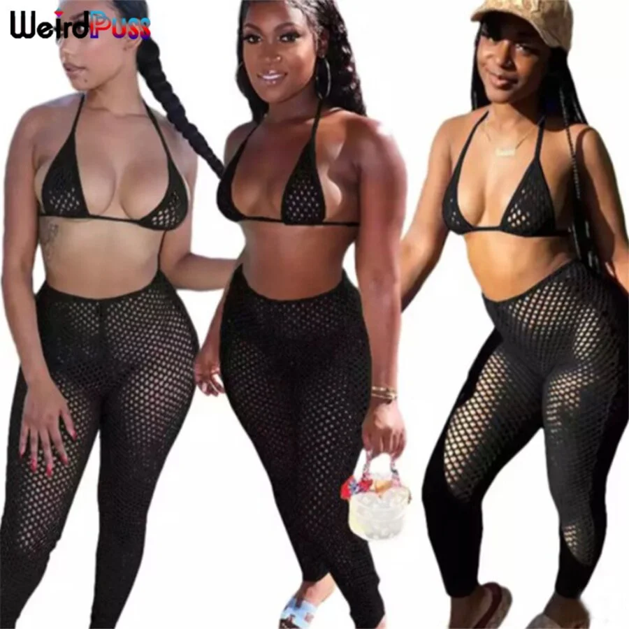 Weird Puss Sexy Summer Skinny Mesh Hole 2Piece Set Halter Lace Up Bikini Top+Leggings See Through Beach Party Vacation Clubwear