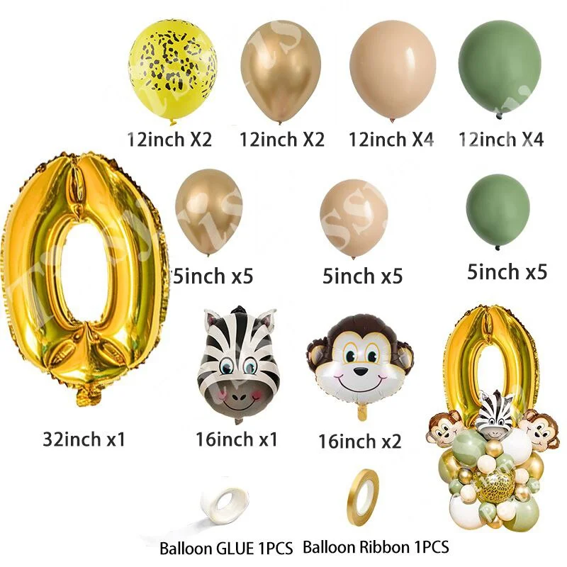 33pcs Avocado Green Metal Gold Balloon Kit With Figure Balloons For Kids Birthday Jungle Safari Party Decor DIY Home Supplies