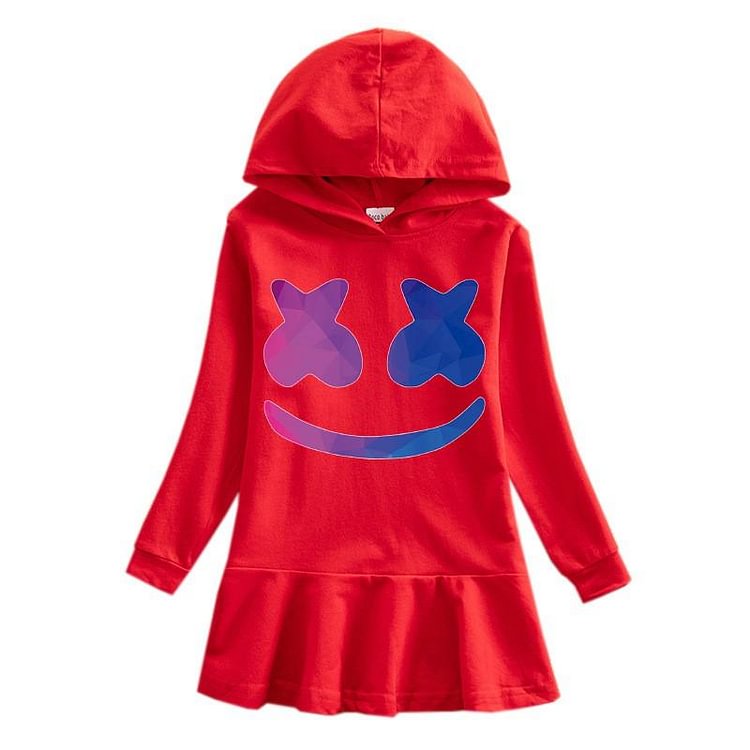 Marshmallow Dj Print 2-9 Years Girls Hooded Long Sleeve Cotton Dress-Mayoulove