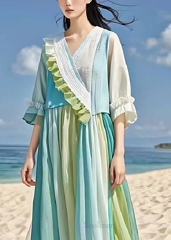 Pre sale - shipping in 30 days/Casual Light Blue Ruffled Patchwork Wrinkled Linen Dress Summer