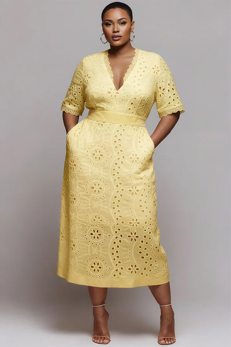 Xpluswear Design Plus Size Vacation Yellow V Neck Short Sleeve Pocket Cut Out Midi Dresses [Pre-Order] 2024 - Xpluswear