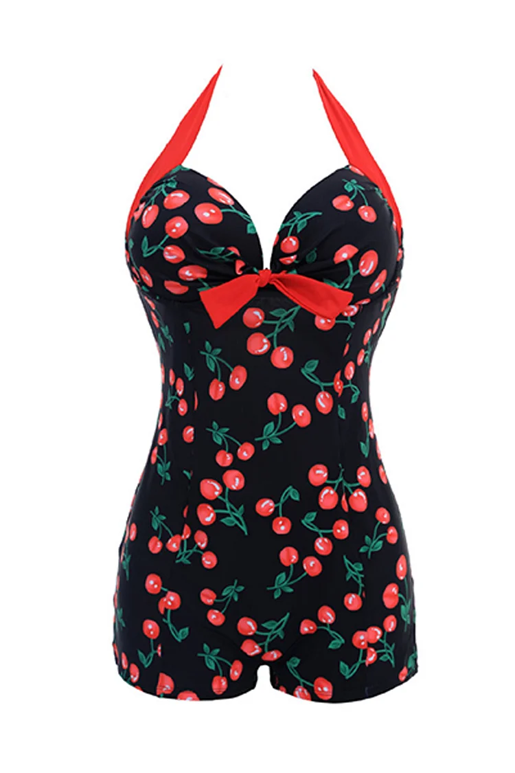 1950s Red Casual Halter Cherry Print Sweetheart Neck Bow One-piece Swimsuit