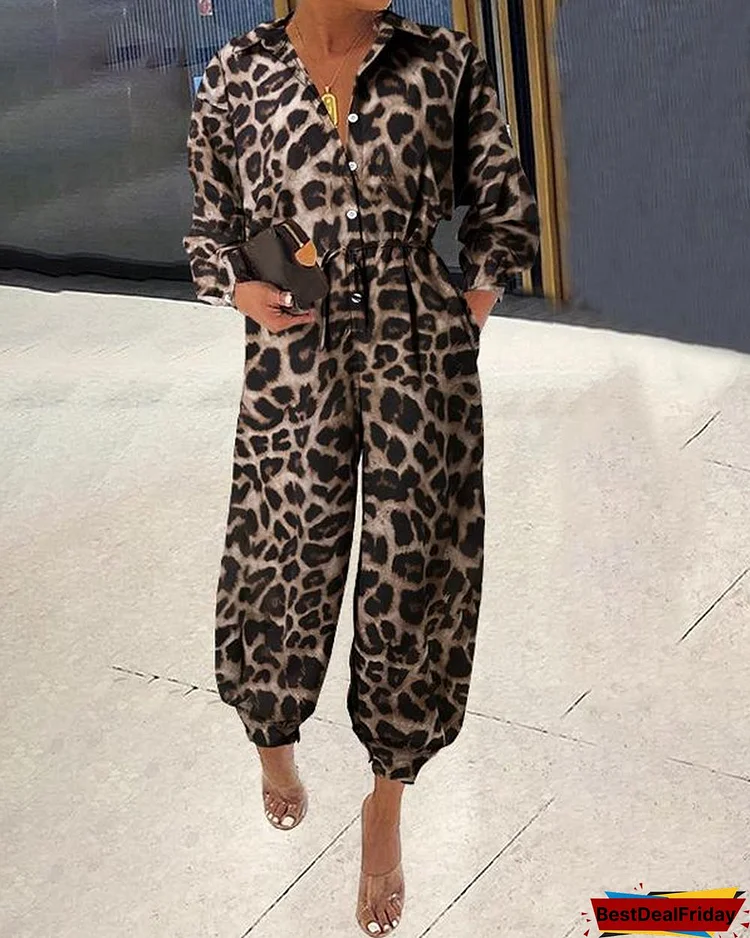 women s loose leopard long sleeves jumpsuits p535564