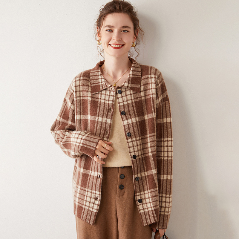 Plaid Warm Cashmere Cardigan For Women REAL SILK LIFE