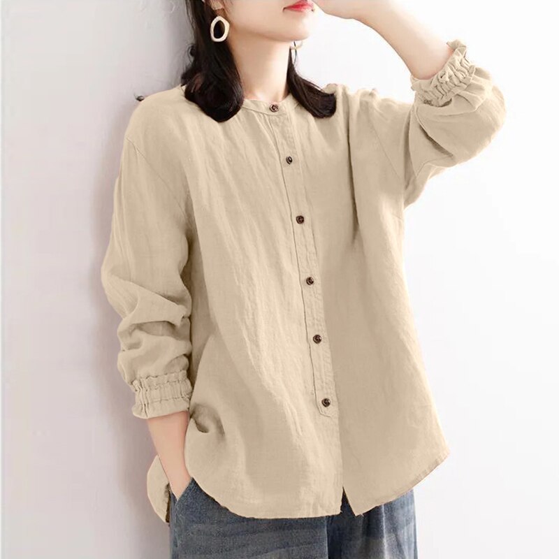 Women's Ruffle Sleeve Blouses Vintage Solid Cotton Linen Shirts