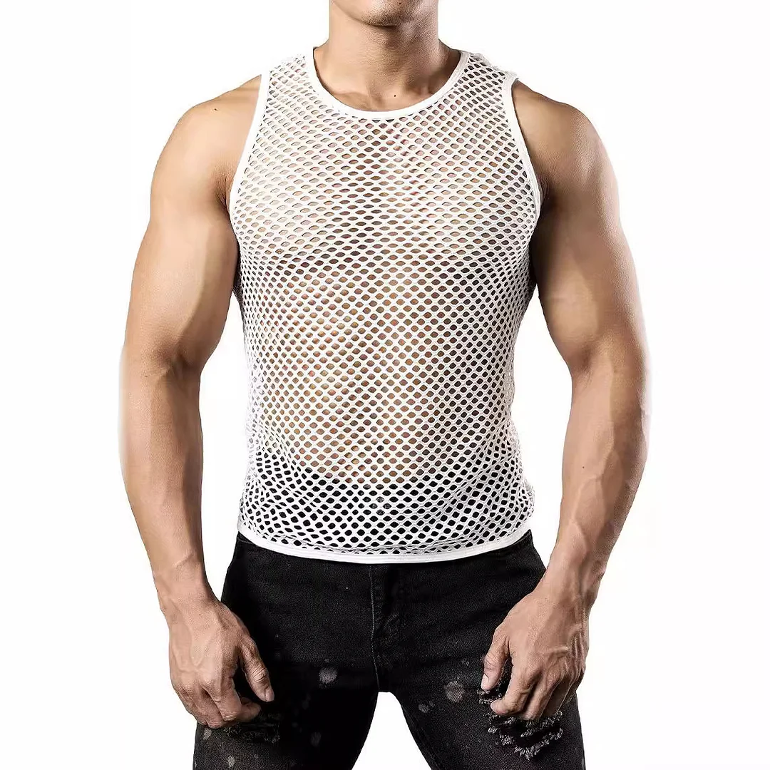 Mongw Mongw New Men's Casual Knit Vest Men's Hollow Out Solid Color Round Collar Sunscreen Clothing Men's Jacket