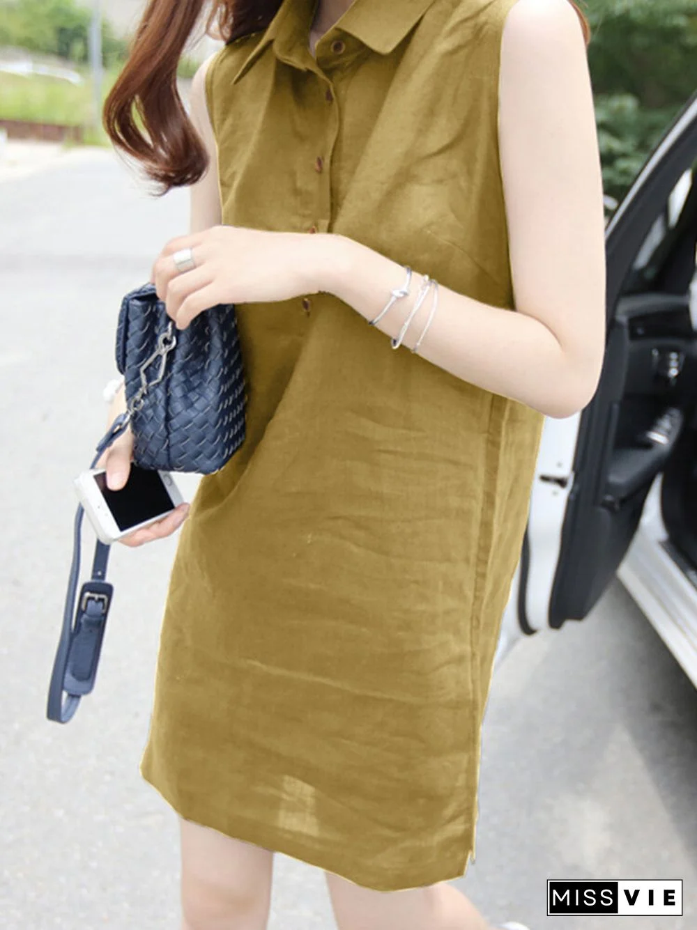 Solid Sleeveless Button Front Lapel Dress For Women