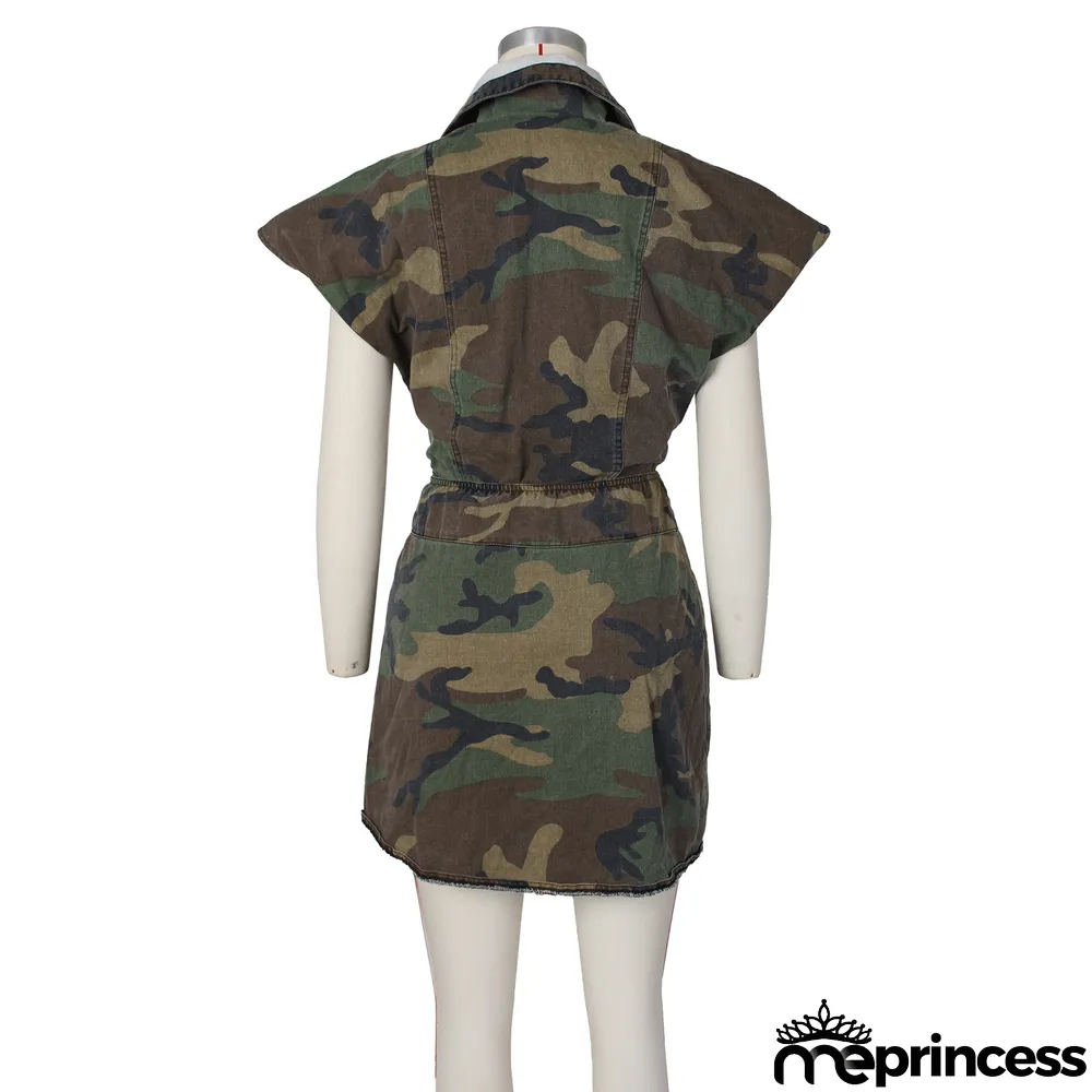 Sleeveless High-cut Camouflage Casual Skirts Set