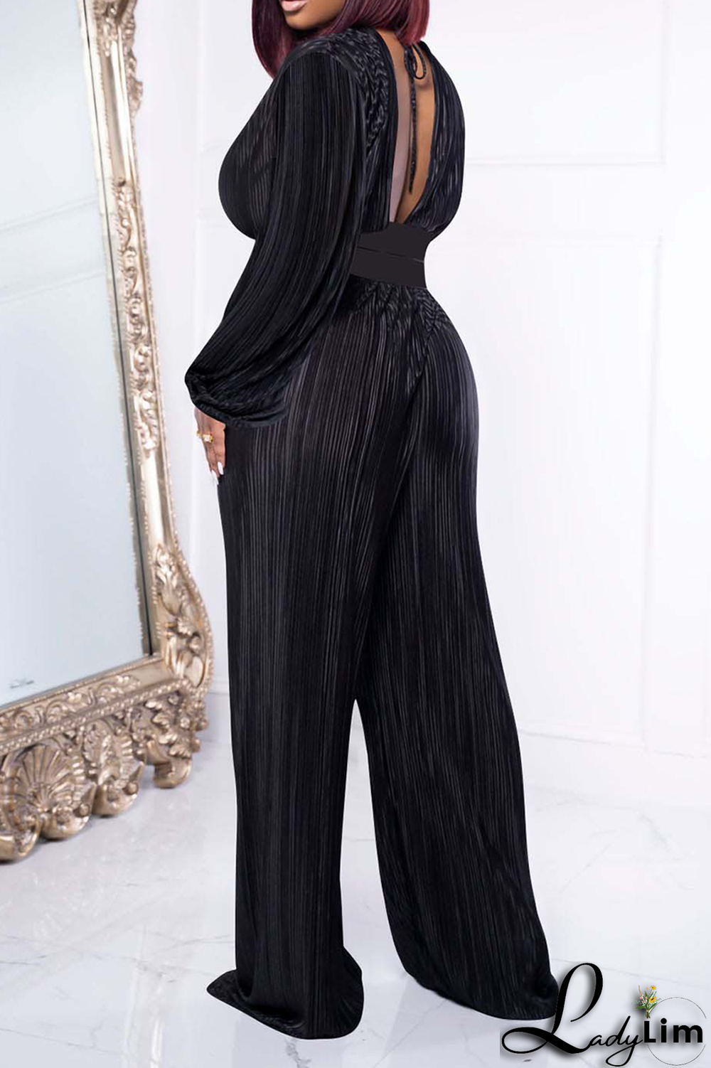 Black Casual Solid Backless V Neck Long Sleeve Two Pieces