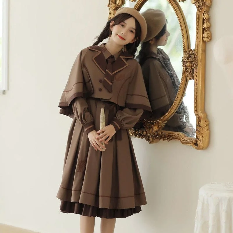 Retro Dark Academia Dress Autumn Long Sleeve Uniform Cloak Outfit SP19300