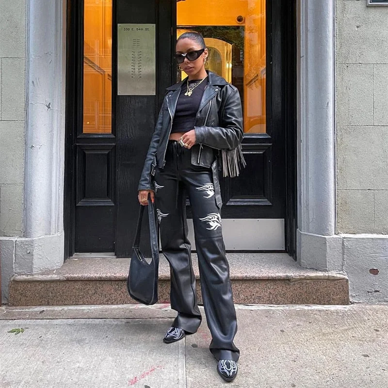 InsGoth Streetwear Faux PU Leather Y2K Pants Harajuku Grunge Punk High Waist Straight Black Pants Casual Loose Women Trousers