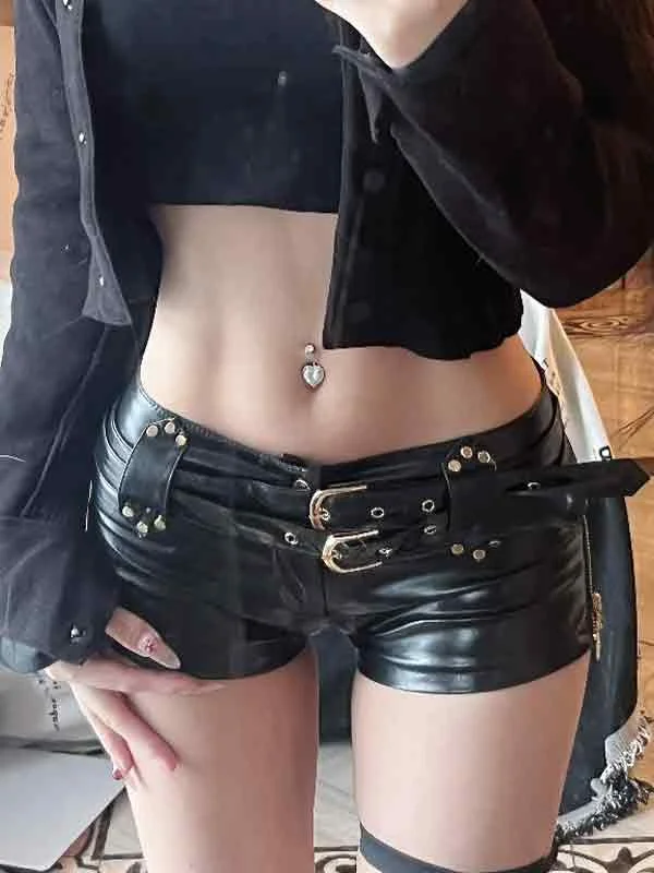 Brownm Punk PU Leather Hollow Shorts