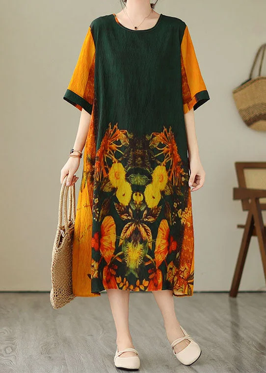 Stylish Colorblock O Neck Print Patchwork Cotton Dresses Summer