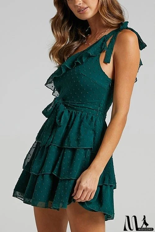MidiSono - Bow Tie One Shoulder Bleted Tiered Dress
