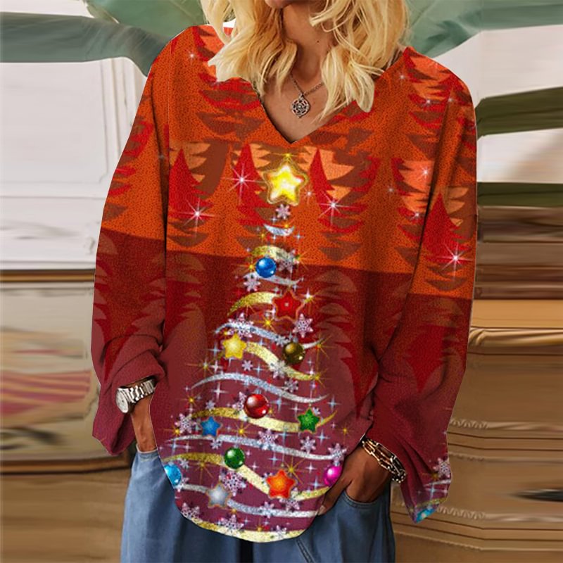 Fashion Christmas Tree Printed V-neck Long-Sleeved T-shirt