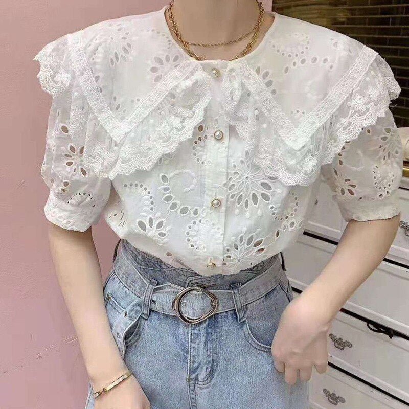 Lace Embroidery Blouse Women French Hollow Out Peter Pan Collar Blusa Shirts Summer 2021 Elegant Short Sleeve Female Top 13814