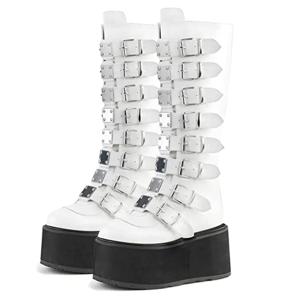 BONJOMARISA Plus Size 50 Brand Luxury Design Platform Thick Heel Mid Calf Boots Women Punk Cool Gothic Black Buckle Shoes Woman