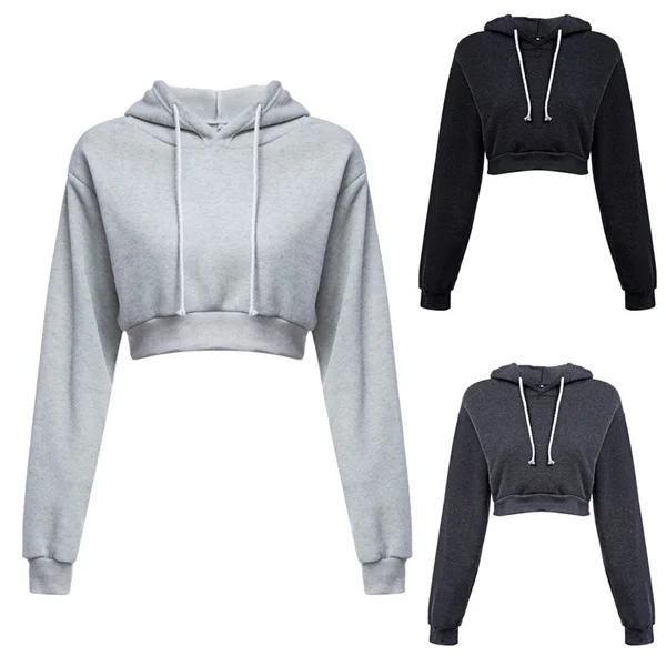 Fashion Womens Sexy Casual Cotton Plain Stitching Long Sleeve Hooded Short Sweatshirt Plain Crop Tops Pullover Hooded Sweatshirt Cropped Hoodie Short Sweatshirts