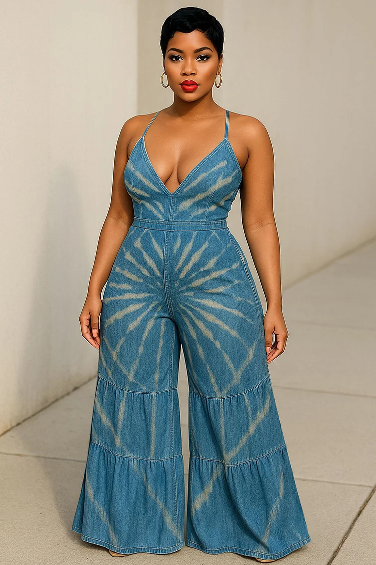 V Neck Cami Pattern Denim Cinched Quilted Wide Leg Jumpsuit-Blue [Pre Order]