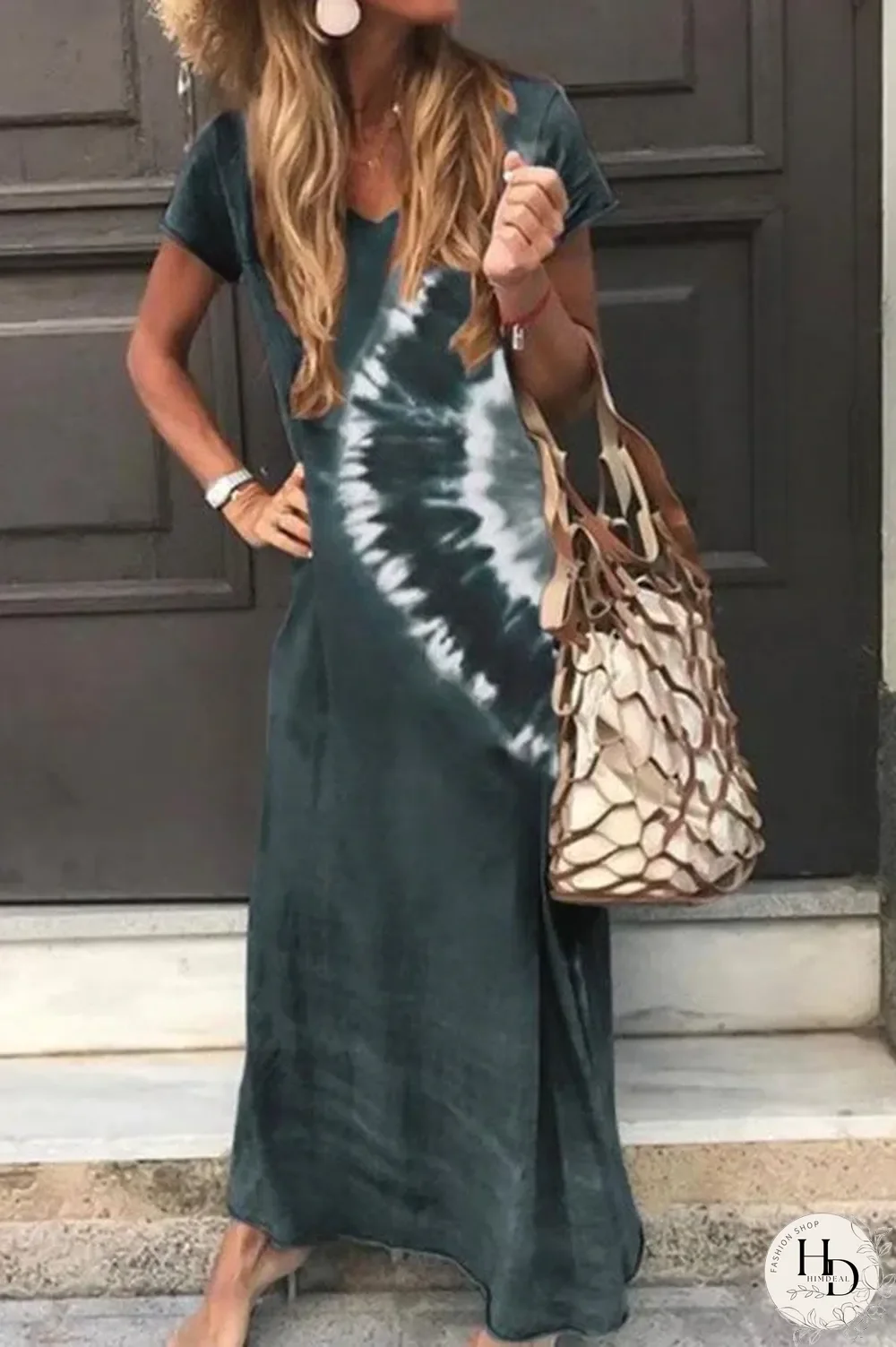 V-neck Gradient Print Short Sleeves Casual Maxi Dress
