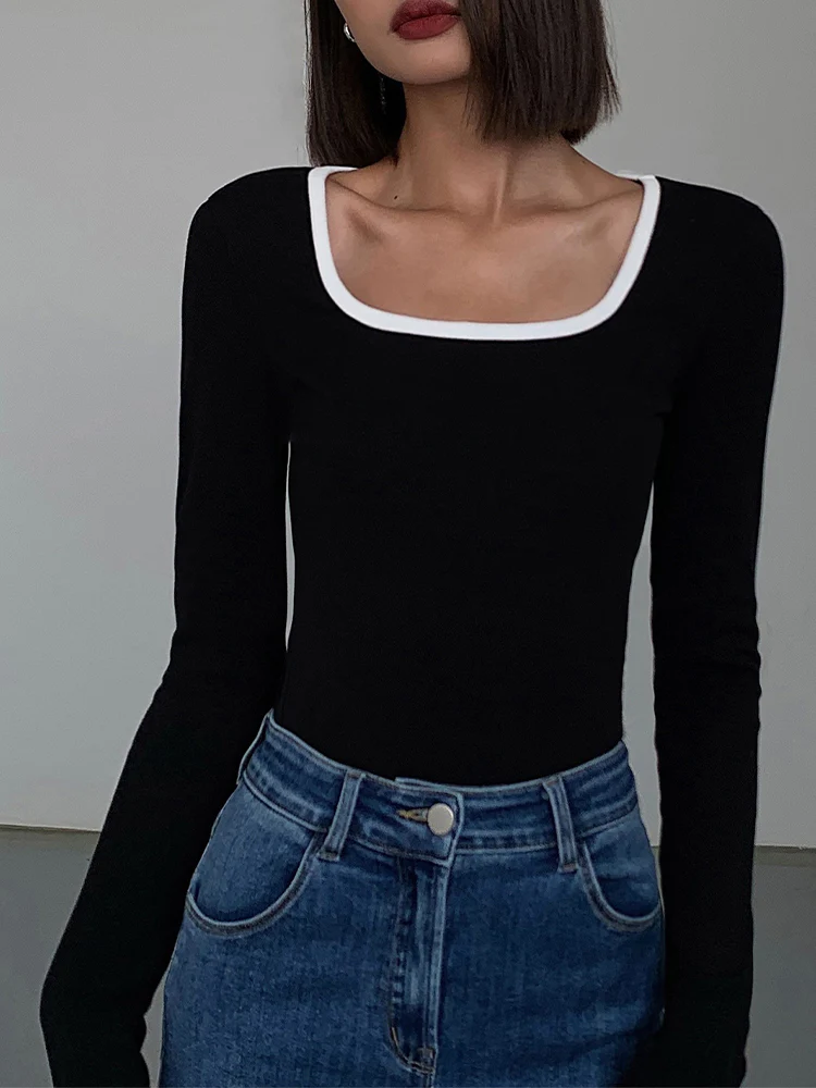 Rotimia Sliver Lining Contrast Neckline Long Sleeve Top