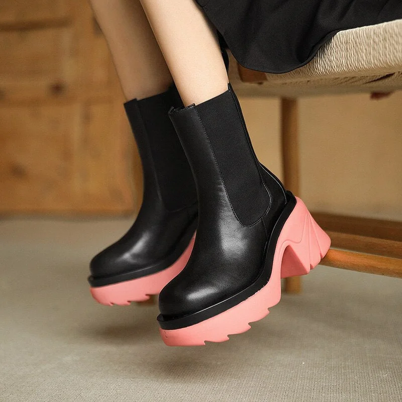 Street Trend High Heel Women BV Chelsea Boots Mixed-Color Slip-on Ladies Punk Ankle Boots Leisure PU Women Platform Shoes