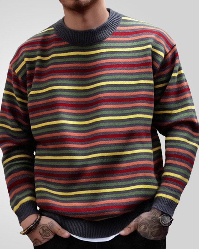 Men's Rainbow Stripe Casual Knit Pullover Sweater