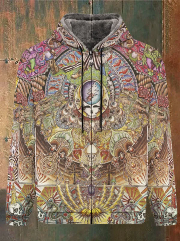 Unisex Skull Print Double Layer Fleece Zip-Up Hooded Jacket