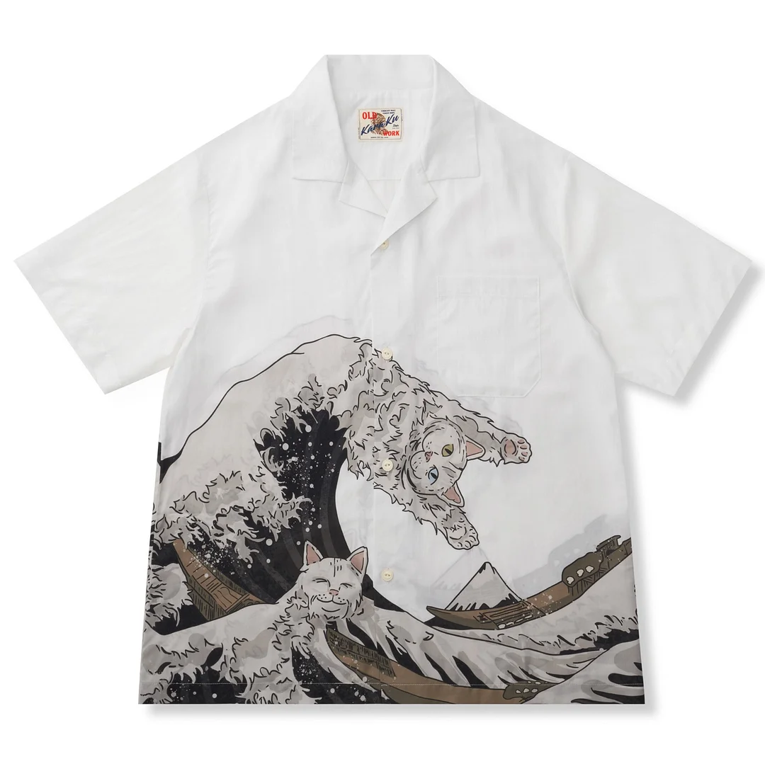 予約】和柄『神奈川沖浪裏と波乗り猫』浮世絵風アロハシャツ