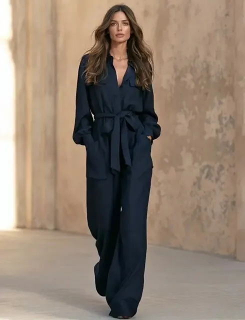 Women's Casual Dark Blue Woven Long-sleeve Jumpsuit MD