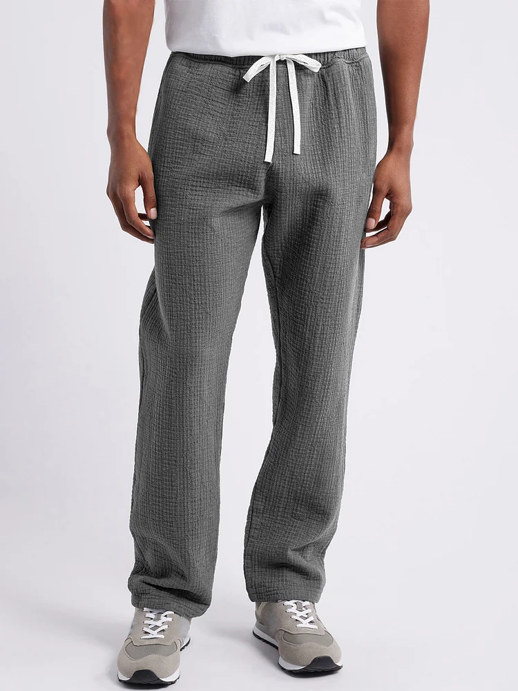 Men's Breathable Seersucker Trousers Casual Vacation Basic Drawstring Pants With Side Pockets