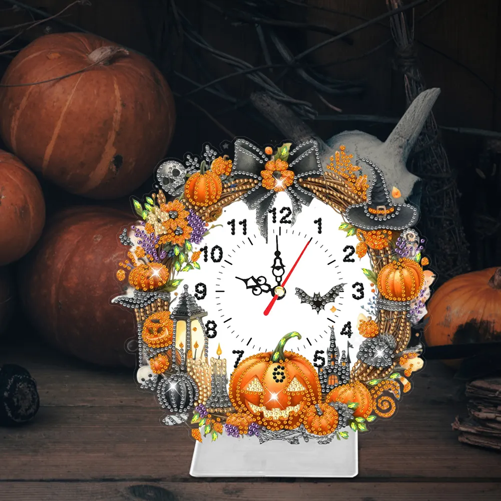 DIY Halloween Pumpkin Acrylic Special Shaped Diamond Painting Clock Desktop Decor