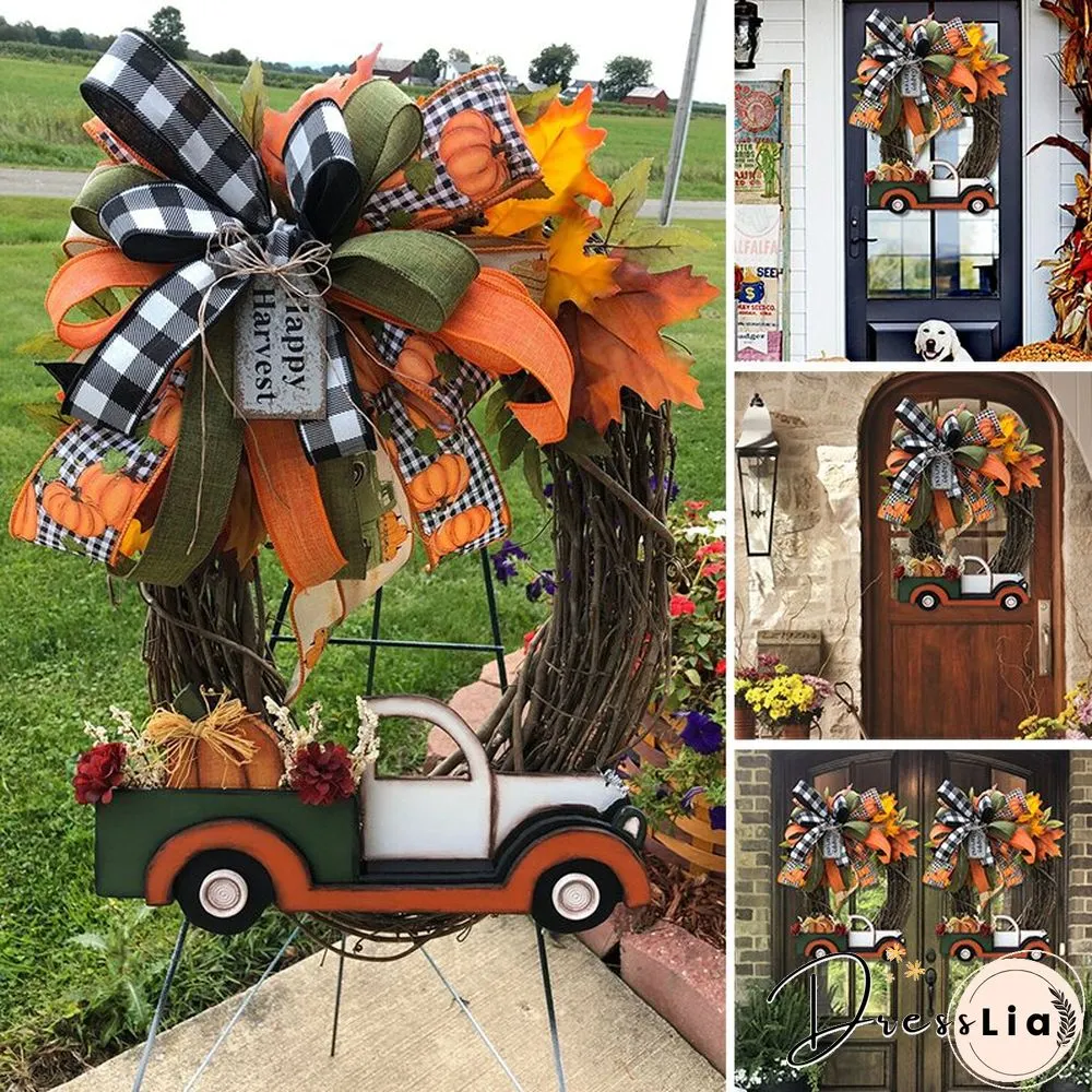 Pumpkin Car Wreath Autumn Harvest Thanksgiving Fall Garland, for Indoor Outdoor Home Car Holiday Halloween Decoration