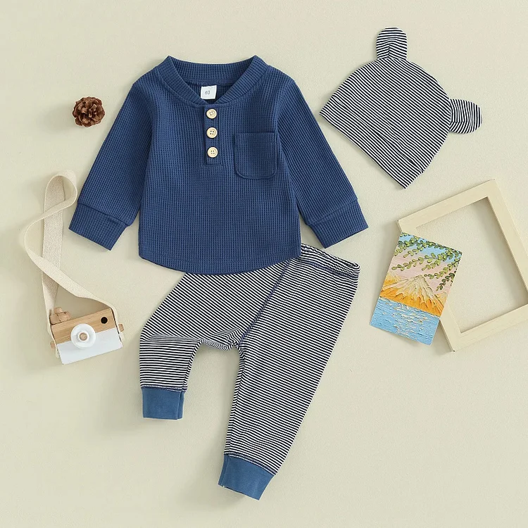 Baby Waffle Striped 2 Pieces Set with Bear Hat