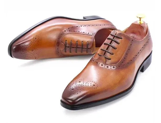Handmade Men Tan brown dress shoes, Men brown leather brogue formal shoes