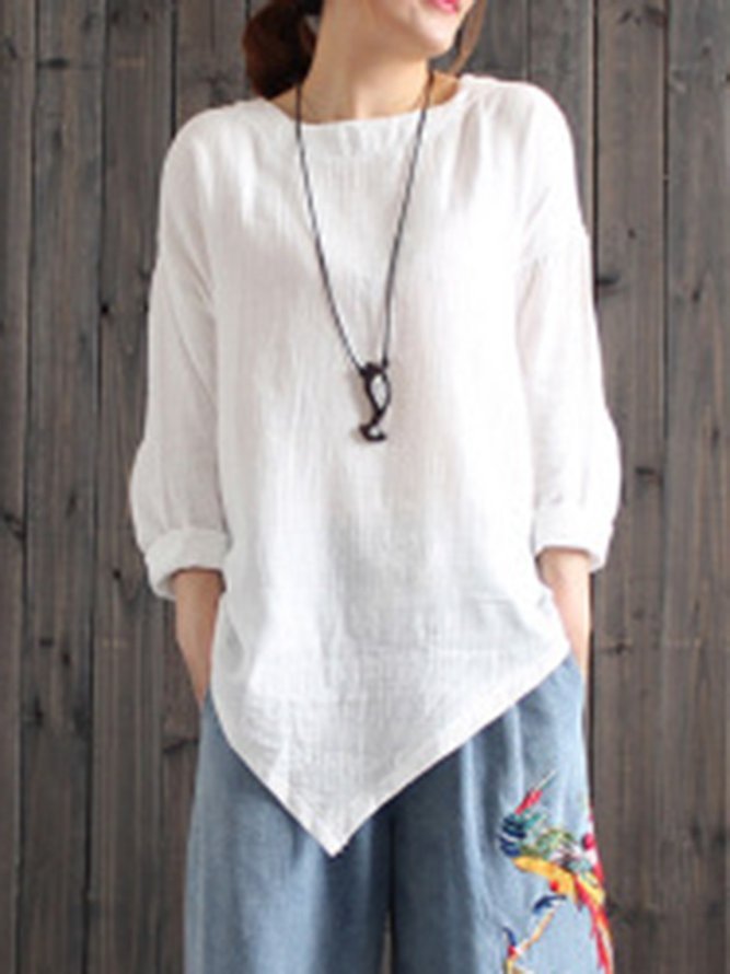 Long Sleeve Crew Neck Solid Plus Size Blouse