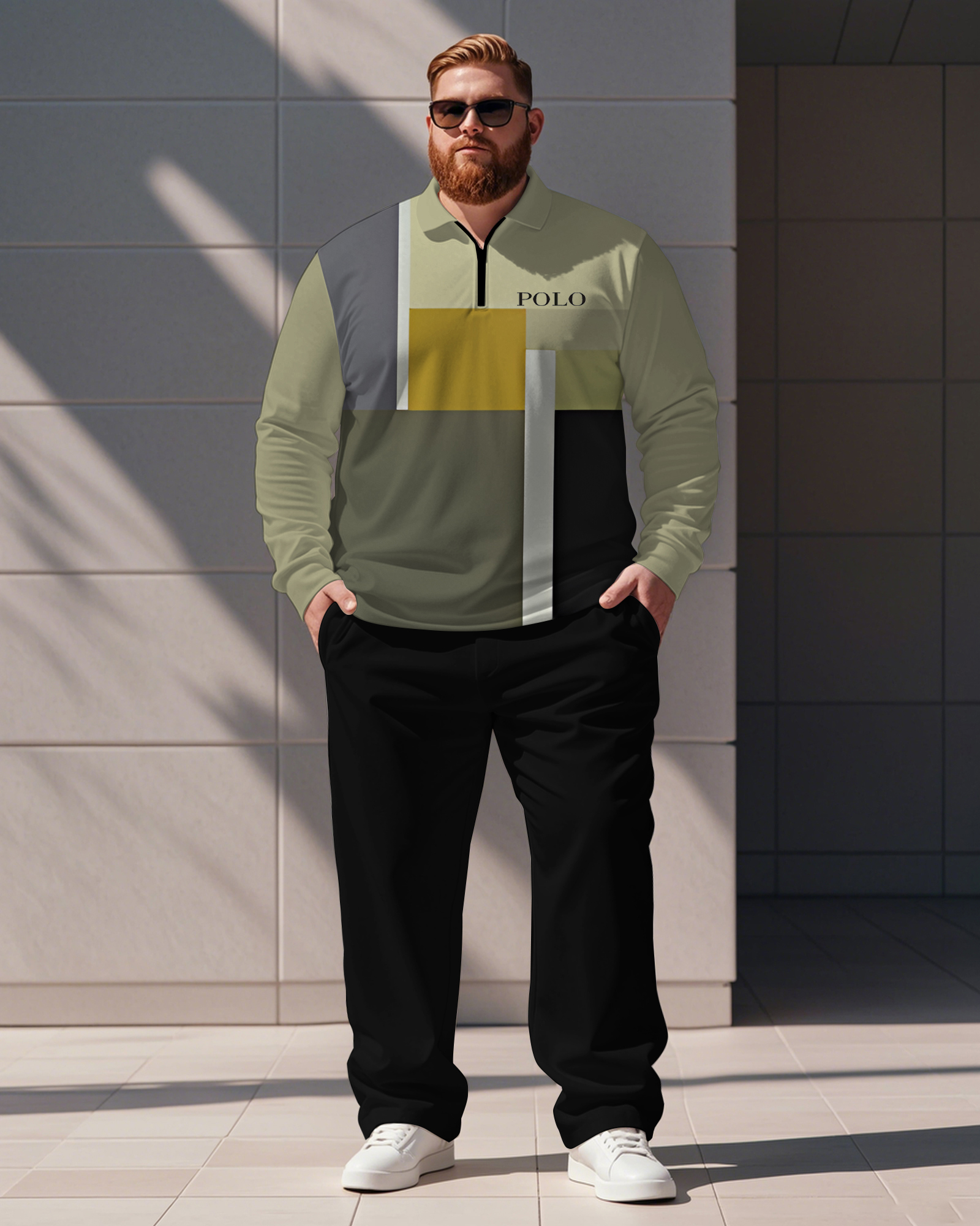Men's Simple Light Green Letter Print Polo Shirt Zipper Pants Suit