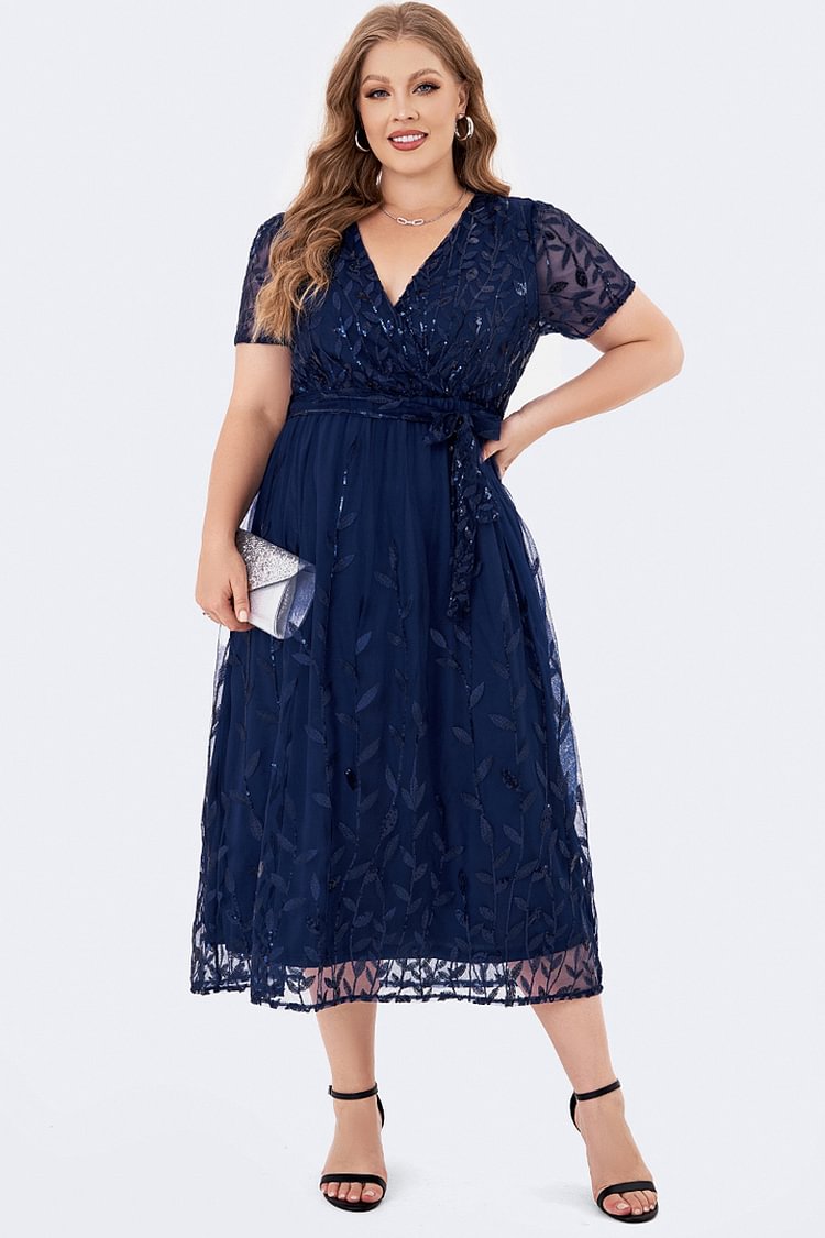 Flycurvy Plus Size Mother Of The Bride Navy Blue Mesh Sequin Leaf Embroidery Tunic Tea-Length Dress  Flycurvy [product_label]