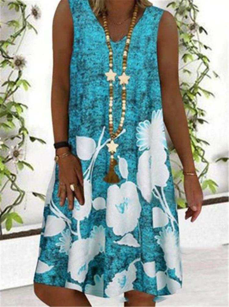 Women Fashion Summer Boho Sleeveless Dress Loose V Neck Floral Print Midi Dress