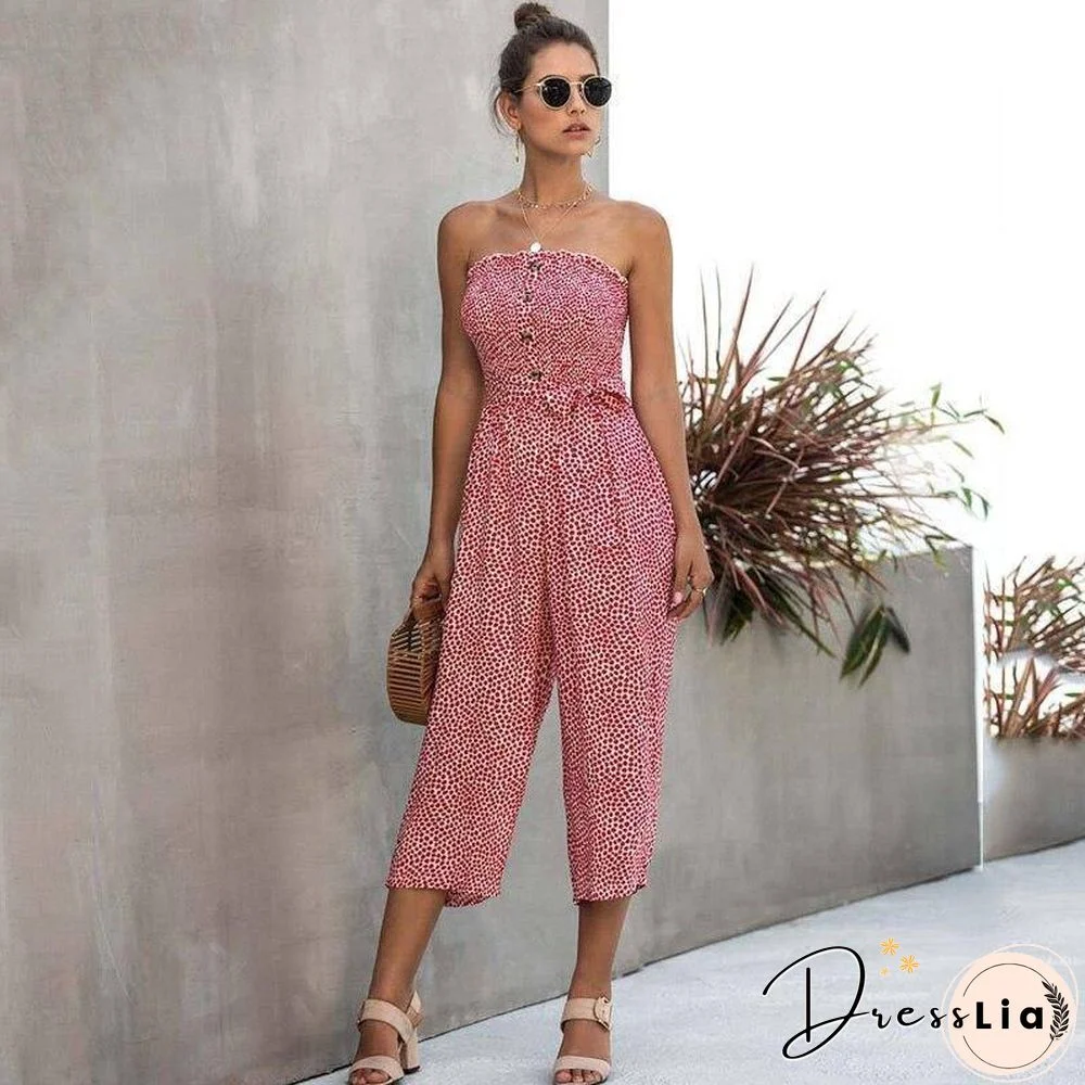 Floral Long Jumpsuit Elegant Women Backless Romper Summer Jumpsuit Female Cotton Pocket Ladies Strapless Overalls For Women